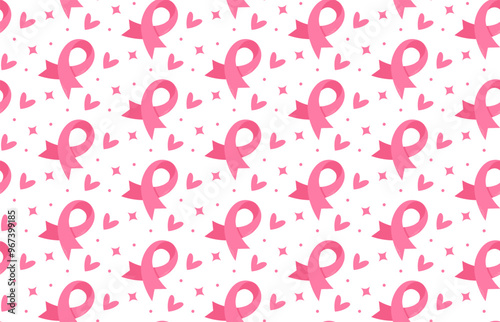 Breast cancer awareness month seamless pattern, pink ribbon and hearts