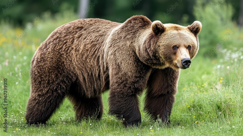 A brown bear walking through a grassy field. A brown bear walking through a grassy field.