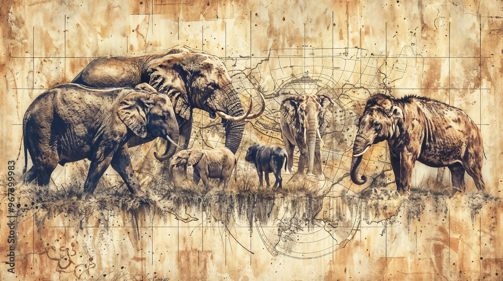 Herd of elephants on weathered map background. Artistic blend of ...