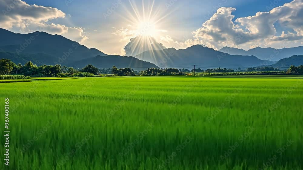 Stunning sunrise over lush green rice fields in the mountains during early morning hours Stunning sunrise over lush green rice fields in the mountains during early morning hours