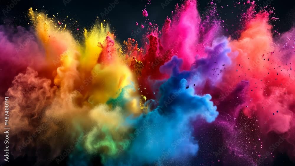 Colorful explosion of powdered pigments fills the air in an artistic display during a festival at sunset in a vibrant outdoor setting Colorful explosion of powdered pigments fills the air in an artistic display during a festival at sunset in a vibrant outdoor setting