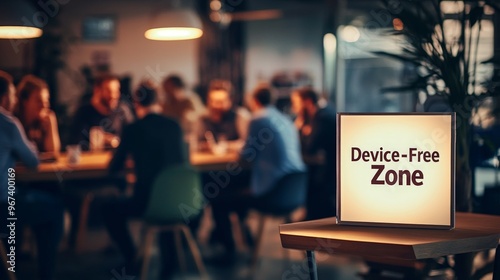 Device-free zone sign in busy office setting encouraging focus and collaboration