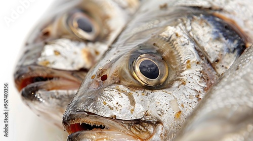 Close up macro shot of marinated uncooked Hilsa fish on a white background photo