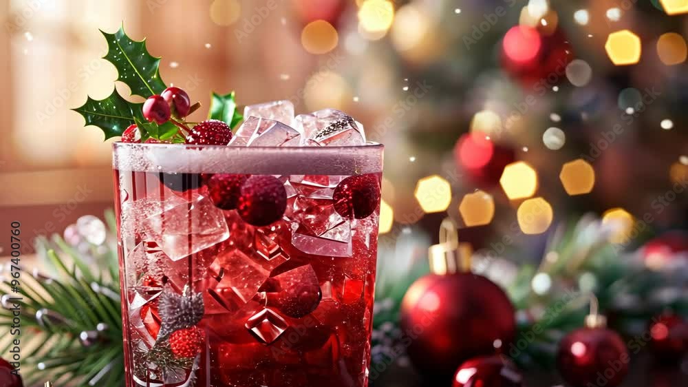 Festive holiday drink with berries and ice served by a decorated table during a joyful winter celebration Festive holiday drink with berries and ice served by a decorated table during a joyful winter celebration