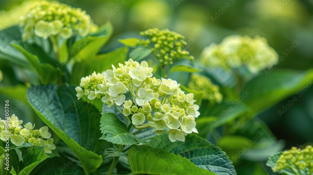 Close up of a bush of young Bigleaf Hydrangea in the garden Close up of a bush of young Bigleaf Hydrangea in the garden
