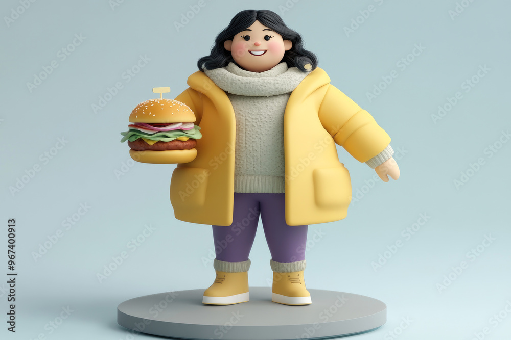 A stylized cartoon character in a yellow jacket holding a burger, portraying a casual and cheerful scene. A stylized cartoon character in a yellow jacket holding a burger, portraying a casual and cheerful scene.