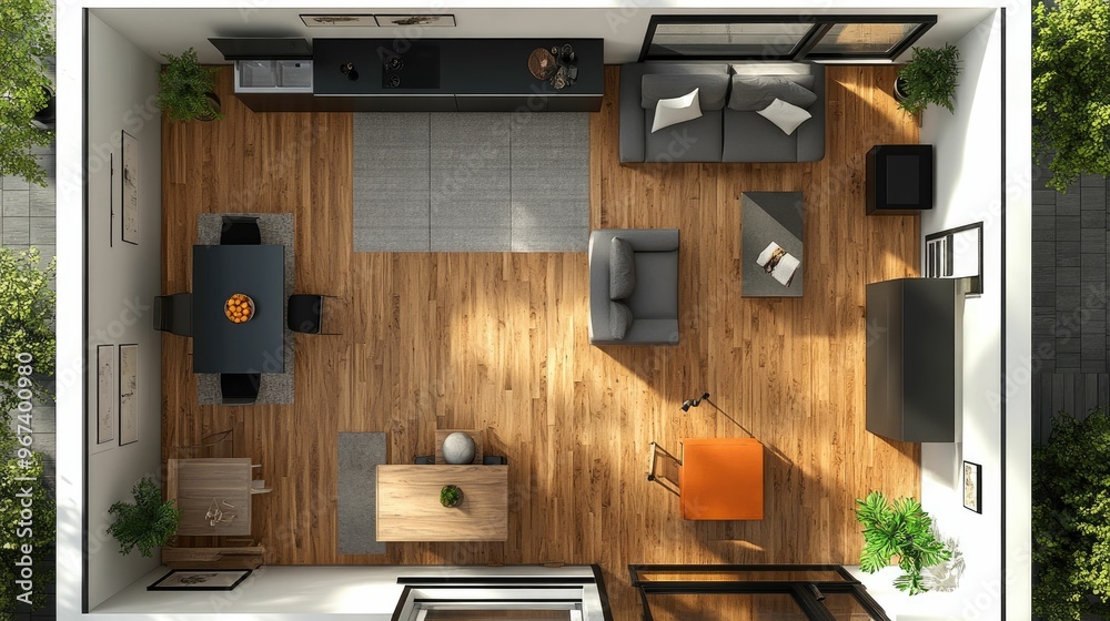 Modern living room and dining area layout. Modern living room and dining area layout.