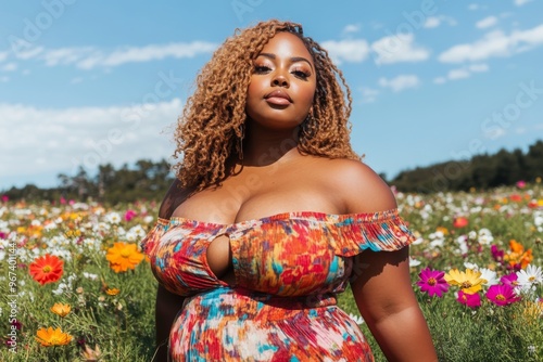 A confident woman stands in a colorful field of flowers wearing a vibrant dress, under a clear sky, celebrating natural beauty, confidence, and the essence of springtime. photo