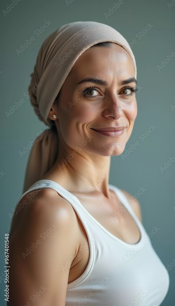 A woman wearing a headscarf smiles confidently while dressed in a hospital gown, signaling hope and strength after undergoing breast cancer treatment. Generative AI A woman wearing a headscarf smiles confidently while dressed in a hospital gown, signaling hope and strength after undergoing breast cancer treatment. Generative AI
