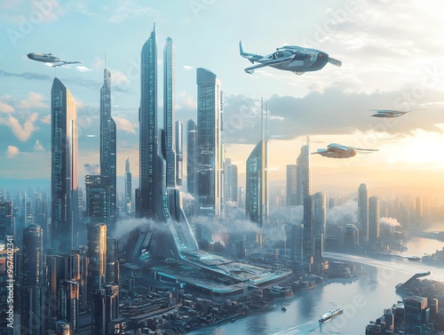 A futuristic cityscape with advanced skyscrapers and flying vehicles.