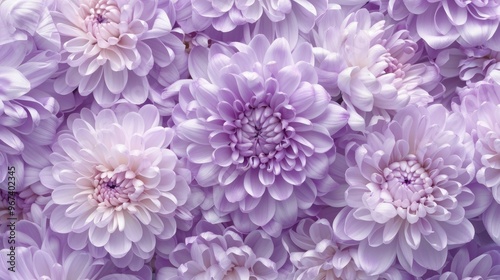 Close up of pale purple chrysanthemum petals on floral backdrop