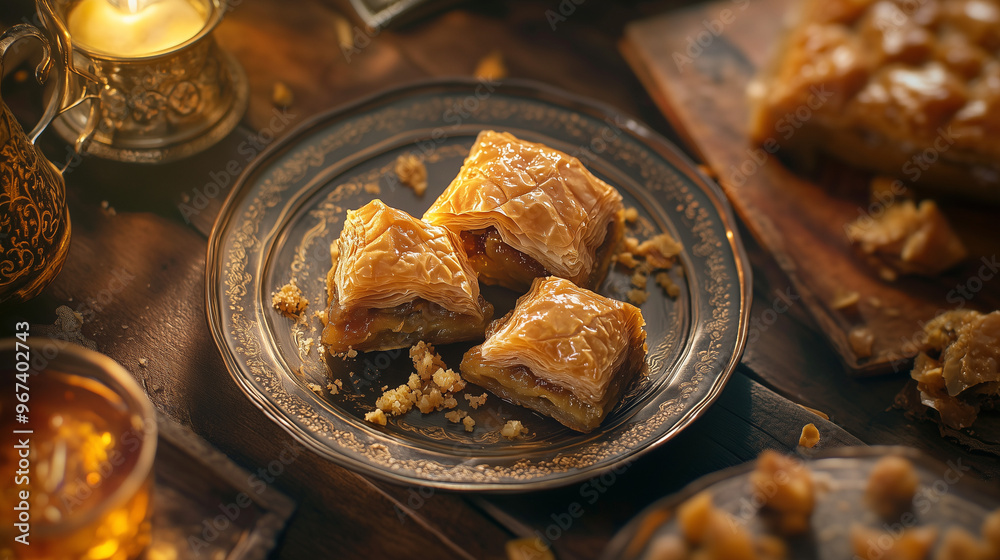 Three pieces of baklava on a decorative plate, garnished with honey and nuts. Evening lighting creates a warm atmosphere around this traditional Turkish dessert Three pieces of baklava on a decorative plate, garnished with honey and nuts. Evening lighting creates a warm atmosphere around this traditional Turkish dessert