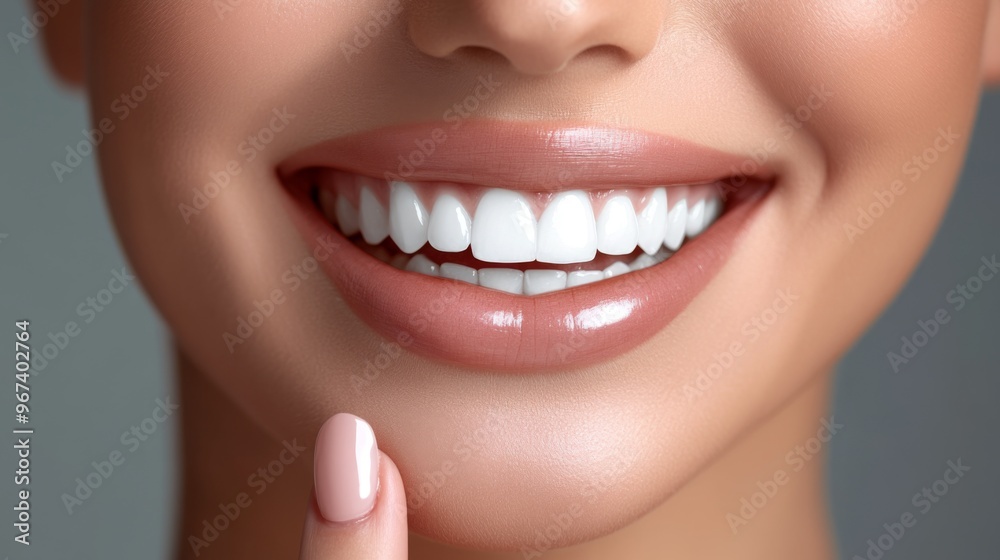 Fototapeta premium A detailed close-up shot focusing on a woman's lower face, specifically her smiling mouth and polished nail, conveying a sense of happiness, beauty, and self-care in this portrait.