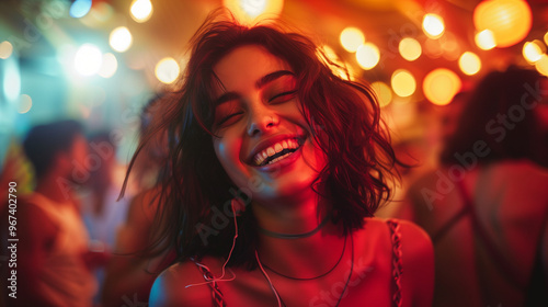 Young european Spanish Italian woman dancing in the nightclub. clubbing scene for students in London city creative hub. cocktails and beer happy hour young gen z or millenial community. Social life.