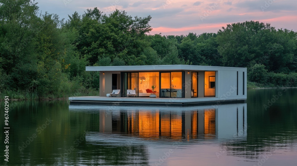 Modern floating house reflecting in calm water at sunset. Modern floating house reflecting in calm water at sunset.