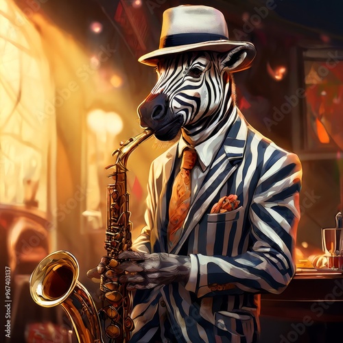 A dapper zebra, wearing a striped suit and hat, plays the saxophone in a lively jazz club. The warm lighting and background details suggest a lively night filled with music, creativity, and fun. photo