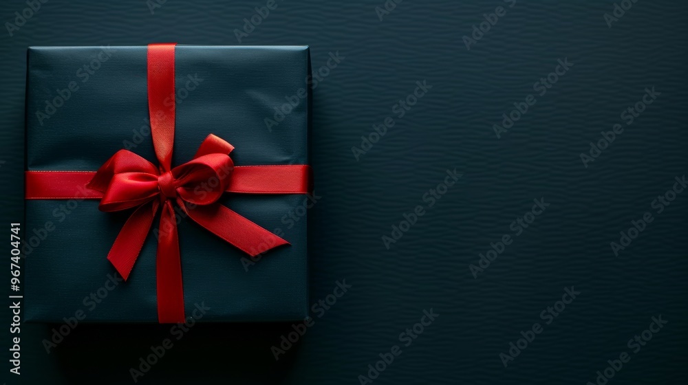 Fototapeta premium Elegant black gift box tied with red ribbon on dark background for black friday promotions