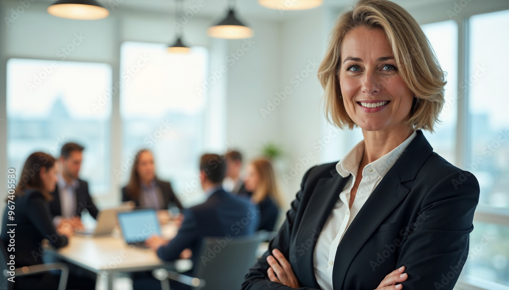 In a bright office, a confident businesswoman in formal attire stands out against a blurred meeting room.
In a bright office, a confident businesswoman in formal attire stands out against a blurred meeting room.