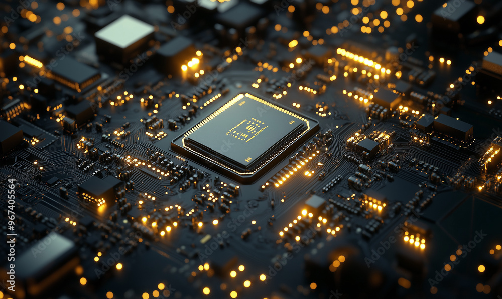 Glowing circuit board chip, black and gold color scheme, top view, high-tech effect Glowing circuit board chip, black and gold color scheme, top view, high-tech effect