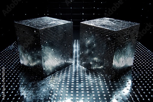 Futuristic mirrored cubes with illuminated patterns in abstract dark environment