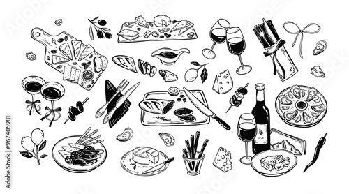 Wine and appetisers crayon minimalist drawings. La dolce vita illustration style. Spanish tapas, cheese charcuterie plate, oysters. Mediterranean restaurant menu background. Slow living concept