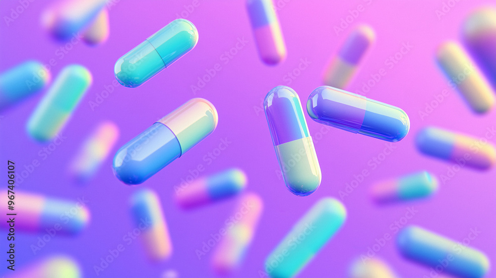 Iridescent rainbow capsules spread out in the air Iridescent rainbow capsules spread out in the air