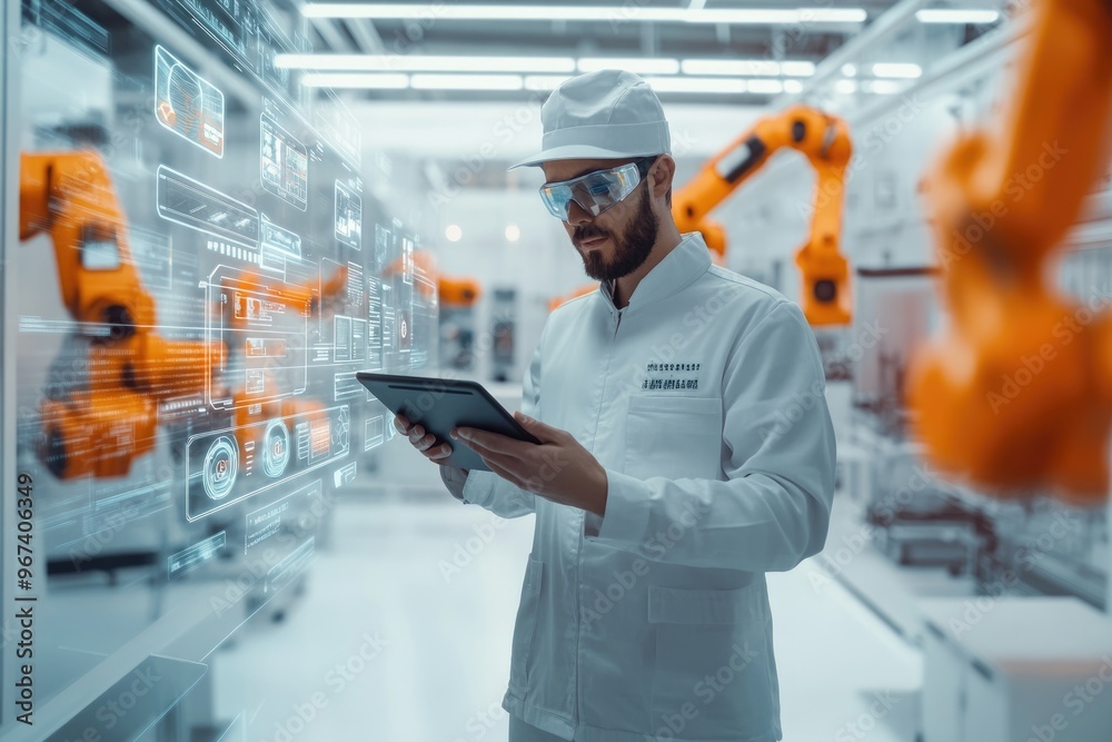 Very realistic and photographic photo of an engineer with a tablet in a sleek factory, surrounded by futuristic holographic displays showing detailed automation dashboards. The clean and polished Very realistic and photographic photo of an engineer with a tablet in a sleek factory, surrounded by futuristic holographic displays showing detailed automation dashboards. The clean and polished