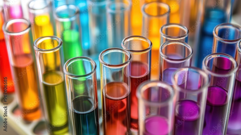 luxury glass test tubes with colorful liquids, neatly arranged in a modern lab, showcasing scientific precision and beauty. luxury glass test tubes with colorful liquids, neatly arranged in a modern lab, showcasing scientific precision and beauty.