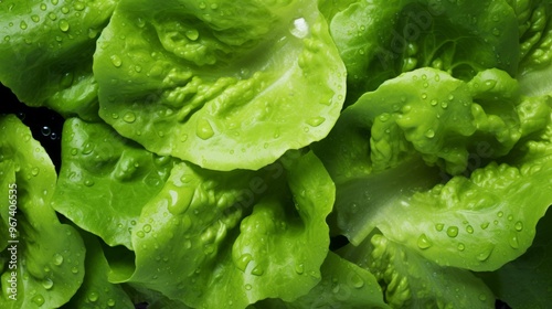 Green lettuce salad leaves and water drops close up image. Neural network ai generated art