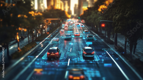 Futuristic city with connected car icons and autonomous driving.