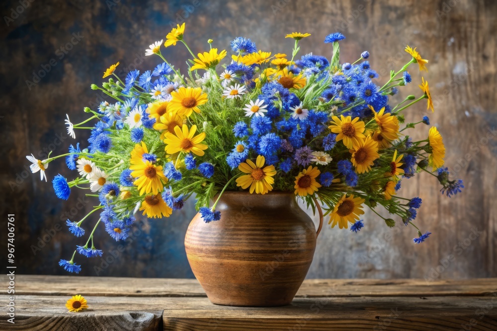 A rustic vase holds a bouquet of blue and yellow wildflowers against a neutral background, exuding a whimsical charm. A rustic vase holds a bouquet of blue and yellow wildflowers against a neutral background, exuding a whimsical charm.