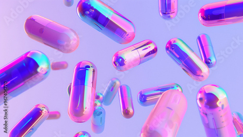 Iridescent rainbow capsules spread out in the air