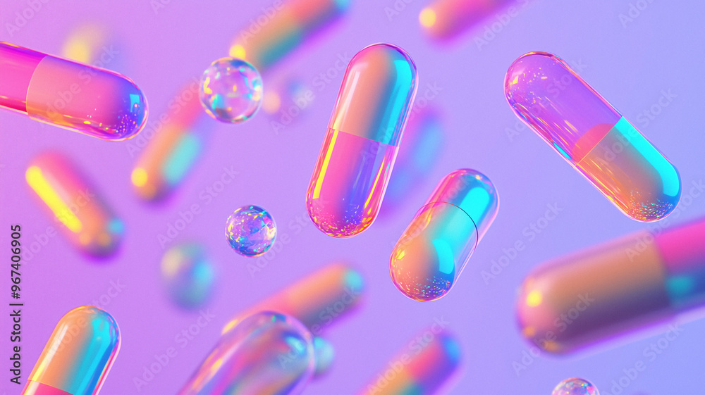 Iridescent rainbow capsules spread out in the air Iridescent rainbow capsules spread out in the air