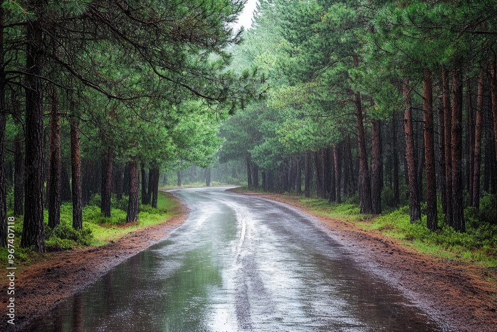 Fototapeta premium Quiet road after rain in pine forest, fresh and rejuvenating