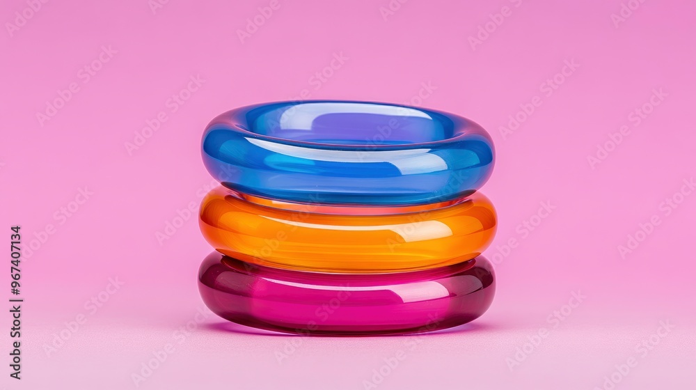 Stacked Colorful Glass Rings on Pink Background Stacked Colorful Glass Rings on Pink Background