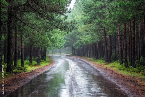 Quiet road after rain in pine forest, fresh and rejuvenating