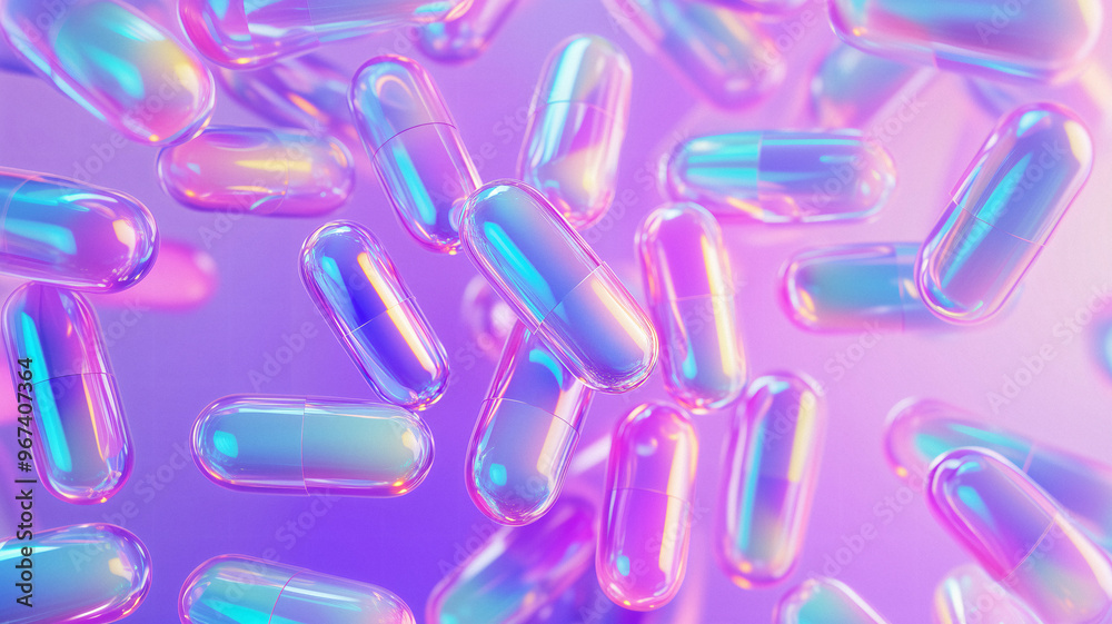 Iridescent rainbow capsules spread out in the air Iridescent rainbow capsules spread out in the air