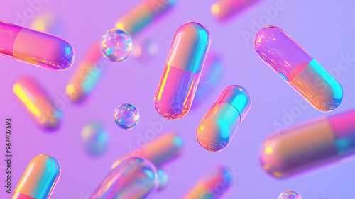 Iridescent rainbow capsules spread out in the air