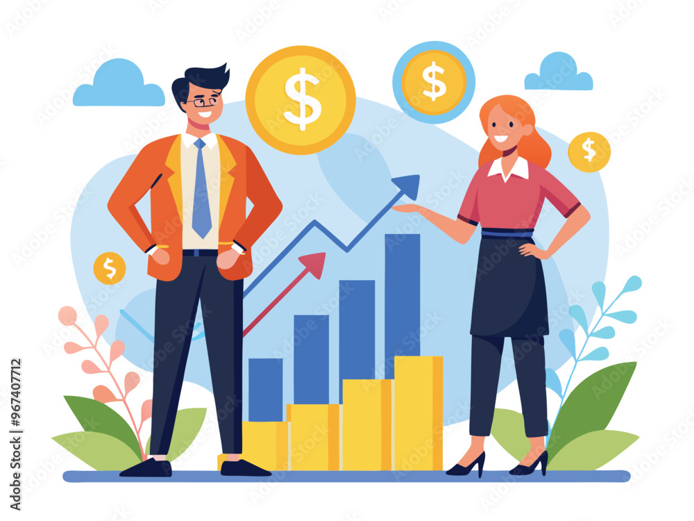 Businessman and Woman standing and draw line diagram illustration. Business growth with bar chart