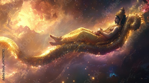 Lord Vishnu resting on a serpent, surrounded by a magical glow, radiating peace and power. photo