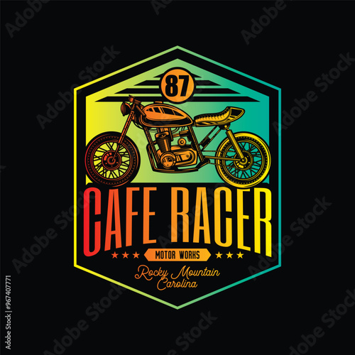 Cafe racer custom motorcycle. Original vector illustration in vintage style isolated on black background. T-shirt design.