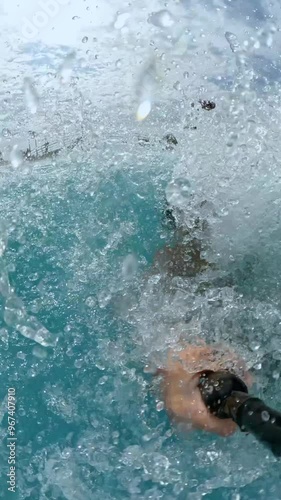 9 year old boy sliding a water slide on summer vacation, recording himself with selfie stick action camera. Kid having fun at a Water Amusement Park on summer vacation in Spain. vertical 4k video.