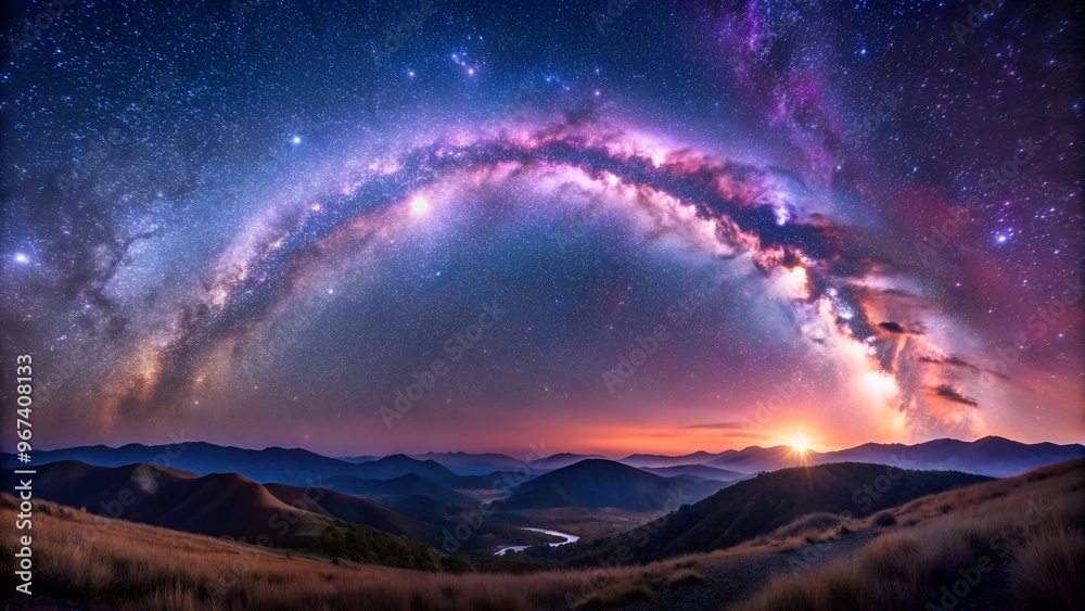 Milky Way arch. Fantastic night landscape with bright arched milky way, purple sky with stars, pink light and hills. Beautiful scene with universe Milky Way arch. Fantastic night landscape with bright arched milky way, purple sky with stars, pink light and hills. Beautiful scene with universe