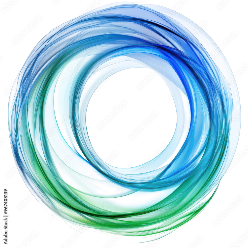 transparent abstract blue and green circular swirl of light isolated background, dynamic flowing energy wave design, PNG