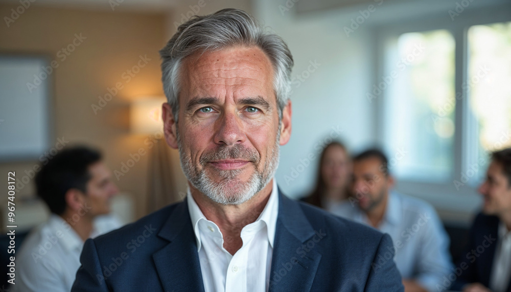 Middle-aged businessman in stylish attire stands out in a bright office with blurred background.
Middle-aged businessman in stylish attire stands out in a bright office with blurred background.