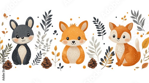 Wallpaper Mural collection of woodland icons including small animals, pinecones, and ferns arranged with a simple pattern on a white screen. Vector artwork provides a clean, minimal style, ideal for backgrounds, Torontodigital.ca