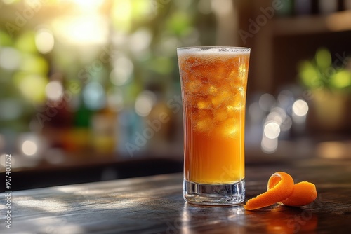 Cocktail Amaretto Fizz amber colored placed on the right side of the table with an orange twist on the table. Blurred bar with sunlight in the background. photo