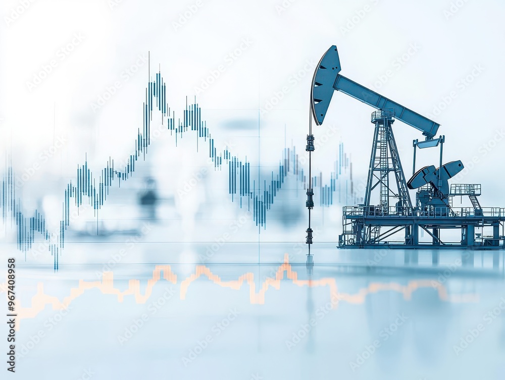 An oil drilling rig with a financial graph overlay, symbolizing the ...