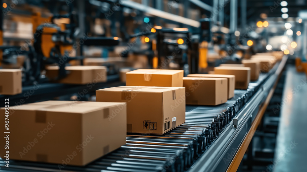 Conveyor belt system in a modern warehouse or distribution center, carrying cardboard boxes. Automated machinery and warehouse shelves are visible in the background. Conveyor belt system in a modern warehouse or distribution center, carrying cardboard boxes. Automated machinery and warehouse shelves are visible in the background.