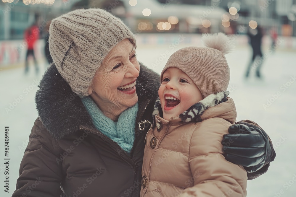 Obraz premium High-resolution brightly lit photorealistic candid photograph of a grandmother and grandchild enjoying a day at a local ice rink, skating and laughing together. The photograph is styled like a